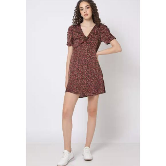 Gap Multicolor Floral Short Puff Sleeve V Neck Ruched Mini Skater Dress Size XXS - Picture 1 of 5